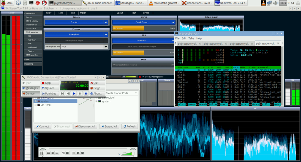 A Raspberry Pi generating the multiplexed baseband signal for FM.